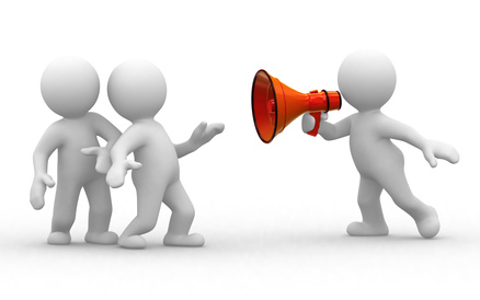 two 3d humans look at human with megaphone